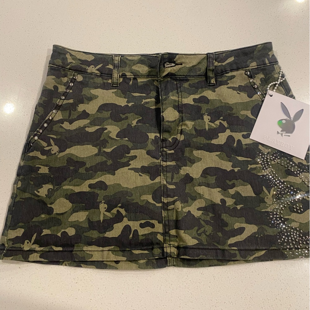 Playboy Camouflage Mini Skirt with Rhinestone Accents